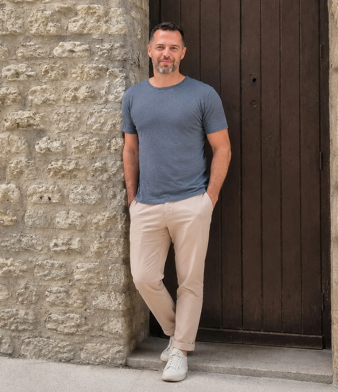 Darren Brett, leaning by an arched stone doorway